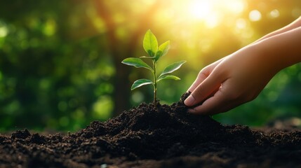 A close-up of hands gently placing a young sapling into the soil, with soft sunlight streaming through the trees in the background, symbolizing growth and sustainability.