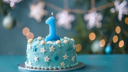 A single blue candle number 1 on a cake surrounded by a blue background and garland decor