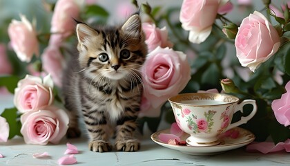 Wall Mural - Charming kitten nestled next to an elegant teacup, embraced by delicate pink roses, capturing the essence of spring in a delightful design for invitations and greeting cards.