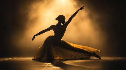 Poster - Captivating silhouette of a dancer in a flowing costume performing on a dimly lit stage, with dramatic backlighting creating a chiaroscuro effect and emphasizing the expressive, graceful movements.