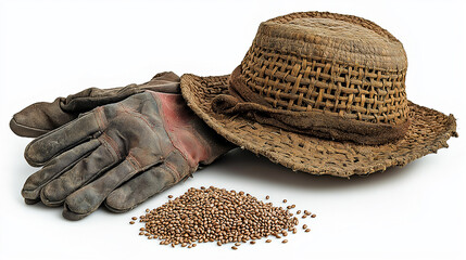 A worn out farmers hat and gloves are placed next to pile of seeds, symbolizing hard work and dedication in agriculture. This image captures essence of rural life and farming