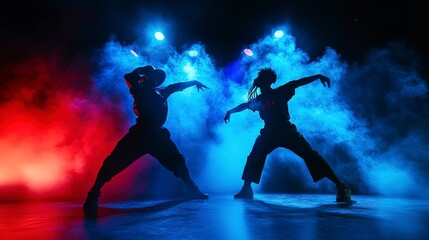 Canvas Print - Two dancers perform a dynamic hip-hop routine on a stage with dramatic lighting and smoke effects. The intense blue and red lights 