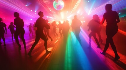 Canvas Print - A vibrant dance scene featuring silhouettes of dancers under a sparkling disco ball, illuminated by colorful beams of light. 