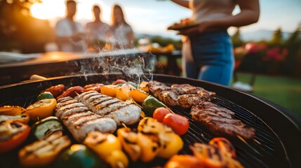 A vibrant barbecue scene featuring grilled meats and vegetables, capturing the essence of outdoor cooking and summer gatherings.