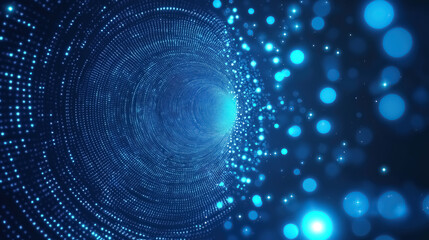 Poster - An abstract bright blue background with a pattern of flying circles made of glowing dots and magical digital energy particles