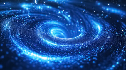 Poster - A glowing abstract blue background filled with flying circles made of bright dots and magical digital energy particles