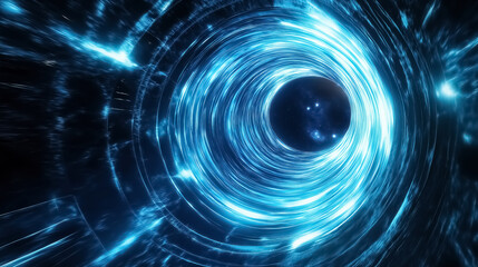 Poster - A glowing abstract blue background filled with flying circles made of bright dots and magical digital energy particles