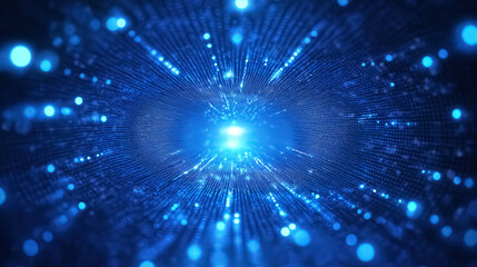 Poster - A glowing abstract blue background filled with flying circles made of bright dots and magical digital energy particles