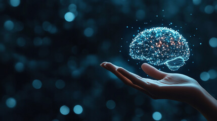 Poster - technology and innovation concept. artificial intelligence and neural networks. hand holding a digit