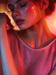 Wall Mural - Contemporary Beauty: Female Model in Glittery Ensemble, Soft Lighting, Close-Up