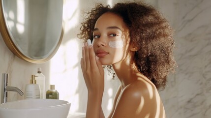 A model applying an anti-aging serum, her skin looking youthful and radiant, set in a bright, serene bathroom