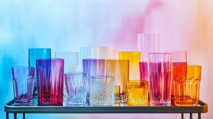 A collection of colorful glassware arranged on a stylish bar cart, showcasing various shapes and sizes of glasses against a sleek, modern backdrop