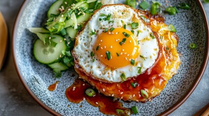 A colorful shot of omurice with a sunny-side-up egg on top, drizzled with a sweet and tangy sauce, served alongside a fresh cucumber salad.