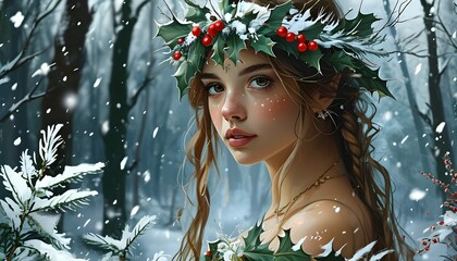 Wall Mural - Enchanted winter nymph adorned with a crown, set against a snowy forest, capturing the essence of festive tales and New Year magic in a captivating illustration.