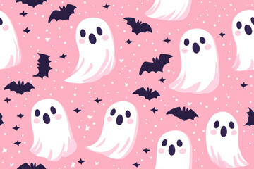 Halloween seamless pattern. Seamless pattern with cute pink halloween ghosts.