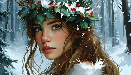 Wall Mural - Enchanted winter nymph adorned with a crown, set against a snowy forest, capturing the essence of festive tales and New Year magic in a captivating illustration.