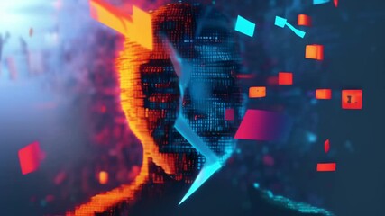 Aufkleber - Futuristic AI face composed of digital particles and data points in a high-tech environment. Artificial intelligence and machine learning technology.