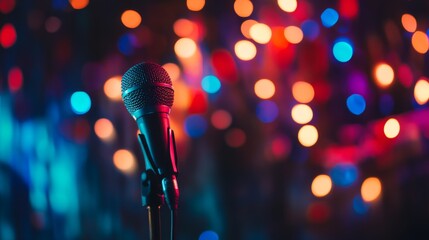 A creative shot of on a stand with colorful stage lights reflecting off its surface, creating an atmosphere of excitement and anticipation for a performance.