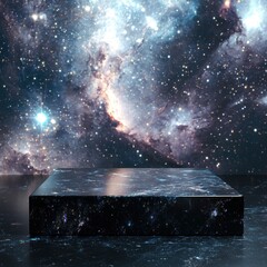 Sleek squared black marble platform on a dark surface with a vibrant cosmic galaxy background of stars and nebulae. Product advertisement & promotion concept.