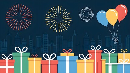 Celebrate with colorful gifts, balloons, and fireworks against a city skyline, perfect for festive occasions and holidays.