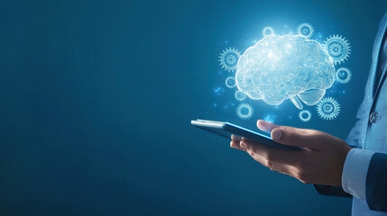 Poster - technology and innovation concept. artificial intelligence and neural networks. hand holding a digit