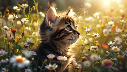 Curious kitten playfully explores a vibrant field of flowers on a sunny day, capturing a charming and funny pet moment perfect for banner, poster, or wallpaper.