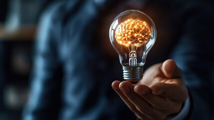 Businessman holding a light bulb with a glowing brain. Business innovation and tech. Symbolizing innovation idea. Brain smart. Innovative thinking and creative for business success. Future. Copy space