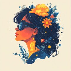 Sticker - A vibrant illustration of a woman with flowers and sunglasses.