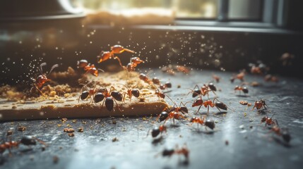 Poster - A detailed image of ants crawling on a crumb of food on a kitchen counter, capturing their movement and interaction with the environment.