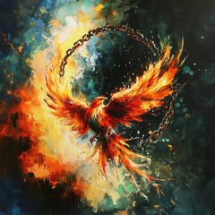 Wall Mural - A vibrant phoenix rising amidst a cosmic background.