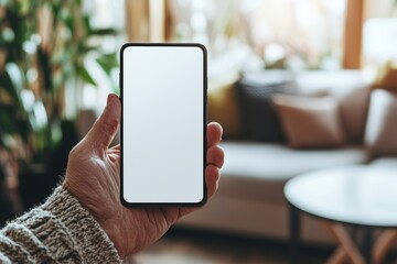 Poster - As a man sits on a chair in a home interior, he uses his smartphone and has a blank, frameless screen