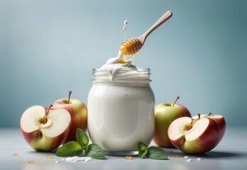 Wall Mural - homemade milk yogurt with apple pieces and honey