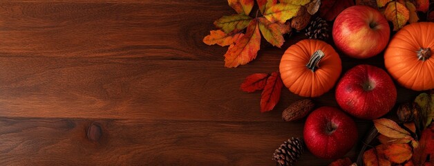 Here's a top down shot of a natural wood tabletop featuring leaves, pumpkins, and acorns.