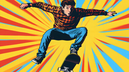 A dynamic action shot of a skateboarder mid-jump pop art-style motion lines and bright colors exaggerated perspective comic book energy.