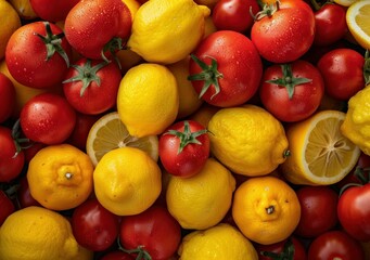 Wall Mural - A vibrant assortment of red tomatoes and bright yellow lemons arranged closely together on a neutral background