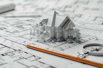 Architectural blueprint with a model house and pencil on it on a white background.