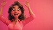 © Art Resources - 3D character close up portrait of a jubilant Latina woman in a formal blouse, with hands raised in excitement and sparkling eyes, with a coral pink gradient background, copy space