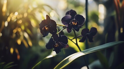 A close-up of dark orchids surrounded by lush greenery in a soft, natural light.