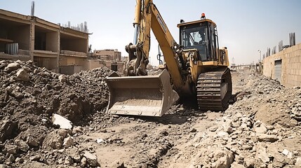 A bulldozer digging and lifting rubble at a construction site: Heavy machinery in Saudi Arabia’s engineering and infrastructure development