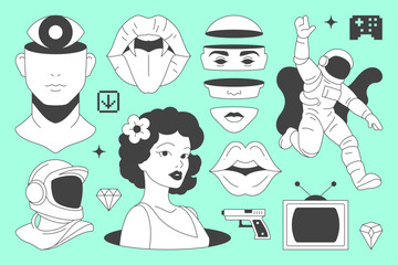 Y2k psychedelic comic minimal line icon contemporary pop art concept set vector flat illustration. Rave retro groovy funky sketch neo gothic sculpture bust astronaut mouth lips woman tv gamepad gun