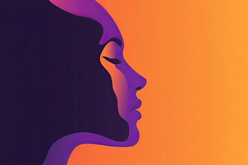 Minimalist vector illustration of an abstract human profile in purple and orange on a solid color background artistic and modern