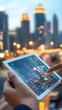 © wudu_8 - Financial strategist holding a digital tablet with election-related stock market data blurred city skyline in the background