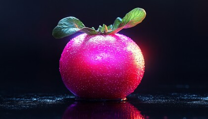 Canvas Print - A vibrant, dew-covered tomato with green leaves on a reflective surface.