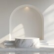 © Helen-HD - The setting features a round marble podium positioned against an arched wall. Soft light filters through, creating a serene and elegant atmosphere ideal for presentations or displays