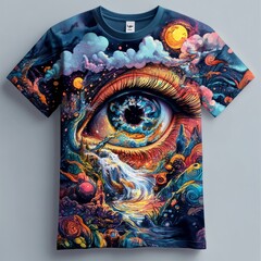 Poster - A vibrant, surreal t-shirt design featuring an eye and cosmic elements.