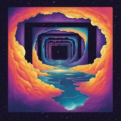 Poster - A vibrant, surreal tunnel of clouds leading to a glowing horizon.