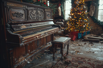 an atmospheric photo of an old piano in a dilapidated, festively decorated room with a christmas tree