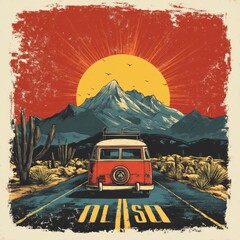 Sticker - A vintage van on a road with mountains and a sunset backdrop.