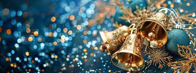 Wall Mural - christmas holiday decoration with vintage christmas bells on a winter festive background.