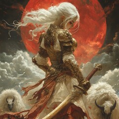 Sticker - A warrior stands with a sword, surrounded by sheep under a blood moon.